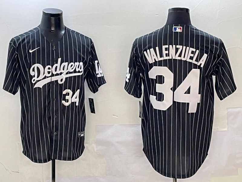 Men Los Angeles Dodgers 34 Valenzuela Black Stripe Jointly Name 2025 Nike MLB Jersey style 10